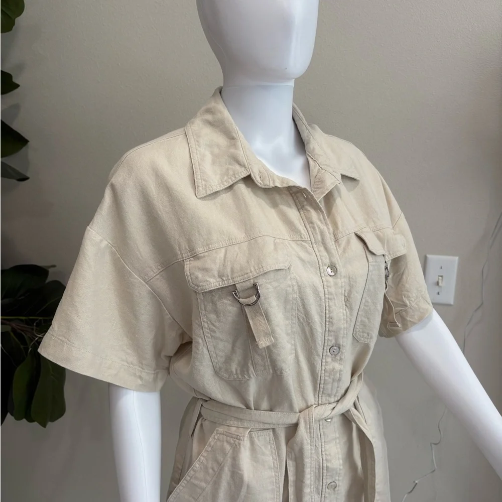 Zara Linen Blend Button Down Shirt Romper Size Large Cargo Pocket Utility Belted